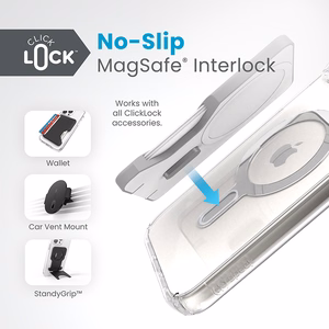 Speck Presidio Perfect-Clear MagSafe dėklas su ClickLock, skirtas iPhone 15 Plus / 14 Plus, skaidrus su chromo spalvos žiedu