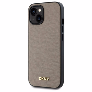 DKNY Grained Metal Logo Magnetinis iPhone 15 dėklas - smėlio spalvos