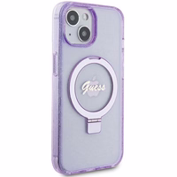 Guess dėklas telefonui su stovu Ring Stand Script Glitter magnetinis iPhone 15 Plus / 14 Plus - violetinis