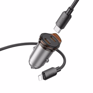 Automobilinis įkroviklis Hoco 2 x USB C QC PD 45W + kabelis USB C į Lightning NZ16B metalinis pilkas