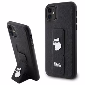 Karl Lagerfeld Gripstand Saffiano Choupette Pins dėklas telefonui iPhone 11 / Xr - juodas