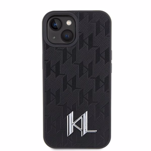 Karl Lagerfeld KLHCP15SPKLPKLK iPhone 15 / 14 / 13 6.1" juodas/juodas kietas dėklas Odinė monograma karštas štampas metalinė logotipas