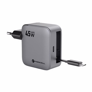 FORCELL F-ENERGY GaN III VT-R5 kelioninis įkroviklis su ištraukiamu kabeliu Type C ir Type C įkrovimo prievadu PD QC4.0 3A 45W pilkas