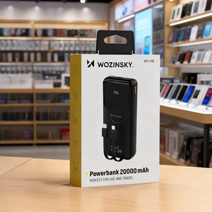 Wozinsky WFC-15B 20000mAh 22.5W išorinė baterija, PD20W, integruoti Lightning ir USB-C laidai, juoda