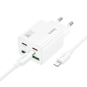 Įkroviklis telefonui Hoco 2 x USB C + 2 x USB A QC3.0 PD 3A 30W + kabelis USB C į Lightning N56 baltas