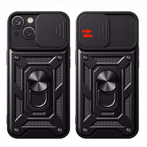 Hybrid Armor Camshield dėklas su stovu ir kameros dangteliu iPhone 15 Plus telefonui - juodas