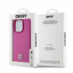 DKNY Odinis monogramos rašto metalinis logotipas Magnetinis dėklas iPhone 15 Pro - rožinė
