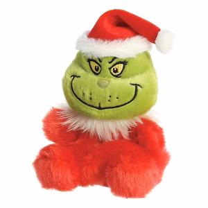 Grinch Palm Pals ekologiškas sėdintis pliušinis žaislas su Kalėdų Senelio kostiumu, 13 cm