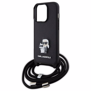 Karl Lagerfeld kryžminis Saffiano metalinis ženkliukas Karl & Choupette dėklas telefonui iPhone 15 Pro - juodas