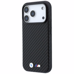 BMW dėklas, skirtas iPhone 18 Pro Max / 17 Pro Max: (Carbon Metal Logo), suderinamas su MagSafe, spalva – juoda