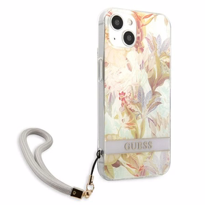 Guess GUHCP13SHFLSU iPhone 13 mini 5.4" violetinis kietasis dėklas su gėlių dirželiu