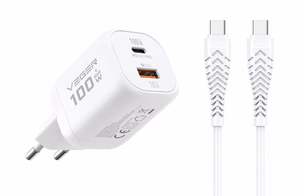 Telefono įkroviklis VEGER USB A + Type C PD Super Charge PPS 100W + duomenų kabelis Type C į C 240W TR150 baltas