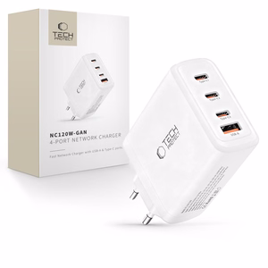 "Tech-Protect NC120W-GAN" 4 prievadų 120 W sieninis įkroviklis - baltas
