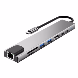 Tech-Protect HB09 USB šakotuvas 8in1 TYPE-C + USB-A 3.0 + USB-C 3.0 + HDMI 4K 60HZ + SD/TF + PD100W + RJ45 1000 MB/S - pilkas