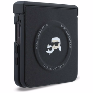 Juodas „Karl Lagerfeld Karl & Choupette Pins MagSafe“ dėklas, skirtas „Samsung Galaxy Z Flip8“