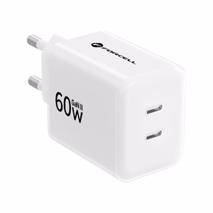 Telefono įkroviklis Forcell F-Energy GaN III Crystal Color, 2x USB C, AVS, SSFC3.0, 60W + silikoninis laidas USB C į USB C VT-60, baltas
