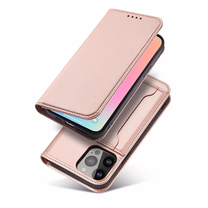 Magnetinė kortelės dėklas telefonui iPhone 14 Plus atverčiamas dėklas piniginė su stovu rožinė