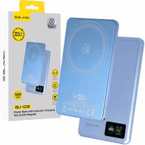 Blavec BJ-03 5000 mAh itin plonas magnetinis išorinis akumuliatorius su „MagSafe“, 7,8 mm, USB-C, 22,5 W, 3 viename (PBBJ03-MC5LB) (spalva: šviesiai mėlyna; aliuminio korpusas)