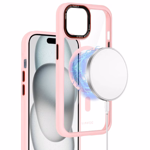 Liavec Hibridinis magnetinis skaidrus dėklas iPhone 15 šviesiai rožinis
