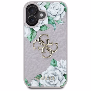 Guess Grained Roses Big 4G Logo dėklas telefonui iPhone 16 - violetinis