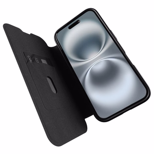 Puro Book Mag magnetinis odinis dėklas su atvartu ir kortelių skyriumi iPhone 16 - juodas