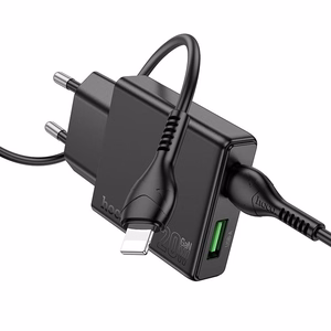 Įkroviklis telefonui Hoco Slim USB A + USB C QC3.0 PD 3A 20W + kabelis USB C į Lightning N38 juodas
