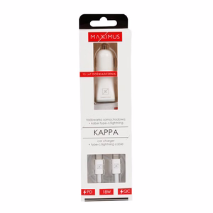 Automobilinis įkroviklis MX KAPPA 18W PD+QC, USB-A+C + Type-C/Lightning laidas 20W PD baltas
