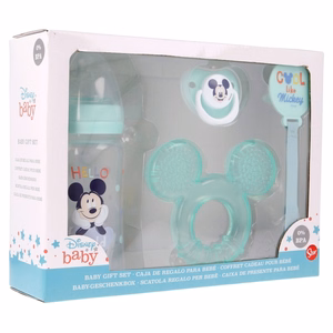 Mickey Mouse Cool kūdikio rinkinys: 240 ml buteliukas su žinduku, anatominis čiulptukas, kramtukas ir čiulptuko laikiklis