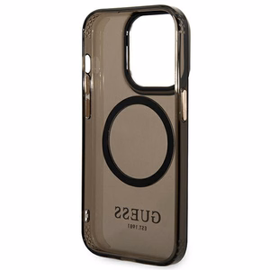 Guess GUHMP14LHTCMK iPhone 14 Pro 6.1" juodas/juodas kietas dėklas Auksinis kontūras Pusiau permatomas Magnetinis