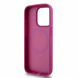 DKNY Odinis monogramos rašto metalinis logotipas Magnetinis dėklas iPhone 15 Pro - rožinė