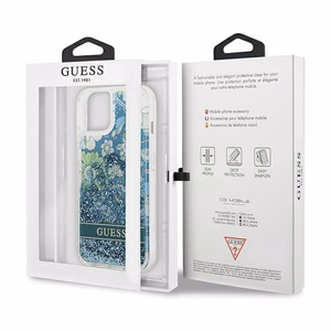 Guess GUHCP13SLFLSN iPhone 13 mini 5.4" žalias/žalias kietasis dėklas su gėlių skysčio blizgučiais