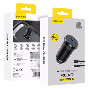 Blavec Automobilinis įkroviklis BS-01B-C Road - USB + Type C - QC 3.0 18W PD 20W su Type C to Type C cable (CCBS01BCR-UCB) juodas
