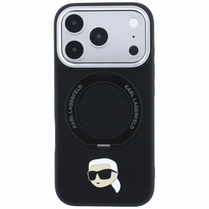 Juodas MagSafe dėklas Karl Lagerfeld su 360° žiediniu stovu ir Karlo galvos emblema, skirtas iPhone 18 Pro Max / 17 Pro Max
