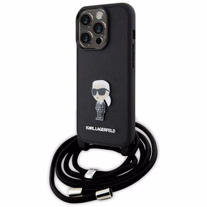 Karl Lagerfeld kryžminis Saffiano monograma metalinis ženkliukas Karl & Choupette dėklas telefonui iPhone 15 Pro - juodas