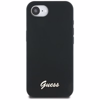 Guess Silicone Script Metal Logo MagSafe dėklas telefonui iPhone 16e - juoda