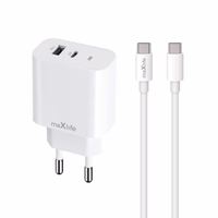 "Maxlife MXTC-06-20AC PD QC įkroviklis 1x USB-C 1x USB 20W baltas + USB-C - USB-C kabelis 20W