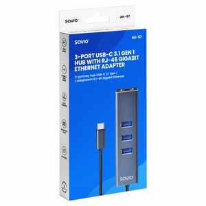 Savio AK-57 USB-C – 3x USB-A šakotuvas su RJ-45 gigabitų Ethernet adapteriu, 5000 Mbit/s, pilkas