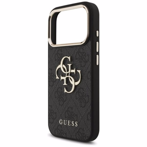 Guess PU Leather 4G Metal Logo Gold Frame dėklas Apple iPhone 18 Pro, juodas