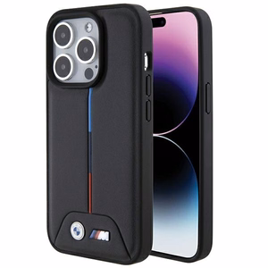 BMW dygsniuotas trispalvės dėklas telefonui iPhone 15 Pro - juodas