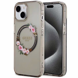 Guess IML Flowers Wreath MagSafe dėklas telefonui iPhone 15 / 14 / 13 - juodas
