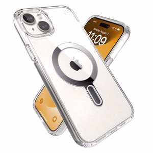 Speck Presidio Perfect-Clear MagSafe dėklas su ClickLock, skirtas iPhone 15 Plus / 14 Plus, skaidrus su chromo spalvos žiedu