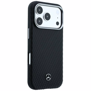 Mercedes dalinio apgaubimo odinis MagSafe dėklas su medžio efektu, skirtas iPhone 17 Pro / 18 Pro, juodas
