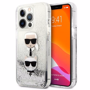 Karl Lagerfeld Skystas Glitter Karl&Choupette Galvos dėklas iPhone 13 Pro Max - sidabrinis