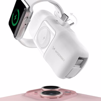Wozinsky WF16-YCS 5000mAh 15W USB-C mini išorinė baterija su įmontuotu USB-C kabeliu ir Apple Watch įkrovikliu - balta