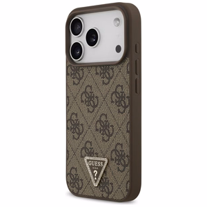 Guess Leather 4G Triangle Strass MagSafe dėklas iPhone 18 Pro / 17 Pro – rudas