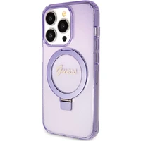Guess dėklas telefonui su stovu Ring Stand Script Glitter magnetinis iPhone 15 Pro - violetinis