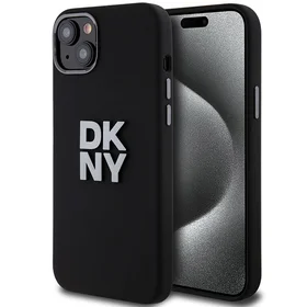 DKNY skystojo silikono metalinio logotipo dėklas telefonui iPhone 15 Plus / 14 Plus - juodas