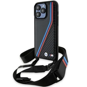 BMW M Edition anglies trispalvės linijos ir dirželis dėklas telefonui iPhone 15 Pro - juodas