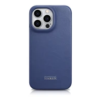 iCarer CE Premium odinis folio dėklas iPhone 14 Pro Max magnetinis atverčiamas odinis folio dėklas MagSafe mėlyna