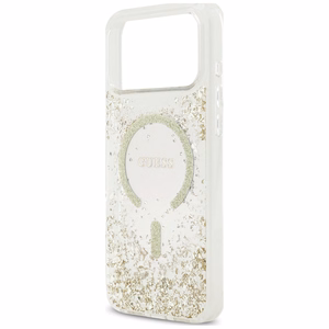 Guess Resin Bottom Glitter MagSafe dėklas, skirtas iPhone 18 Pro Max / 17 Pro Max, auksinis